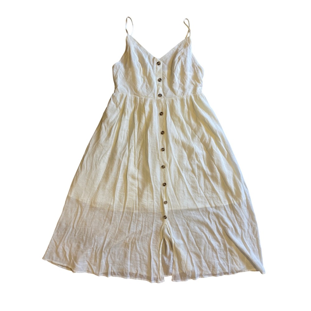 Cottagecore Cream Button Front Midi Sundress Adjustable Straps Smocked Back 12